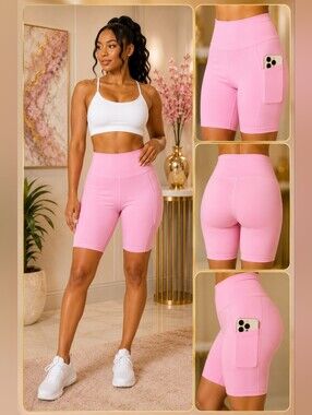 Soft Pink High-Waisted Biker Shorts | Stretch Activewear with Side Phone Pocket